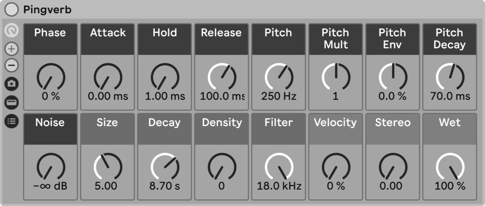 A screenshot of the Pingverb Ableton Instrument Rack
